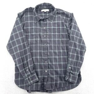 LOFT Plaid Women Button Down Flannel Shirt Medium Grey Teal Long Sleeve